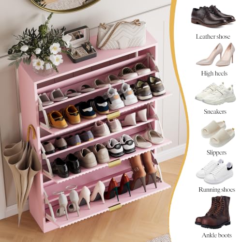 Image of HUANLEGO Shoe Cabinet Storage for Entryway with 3 Flip Drawer, Pink | Fluted Shoe Cabinet with Adjustable Shelves, Hidden Shoe Rack for Entryway, Freestanding Narrow Shoe Organizer for Hallway