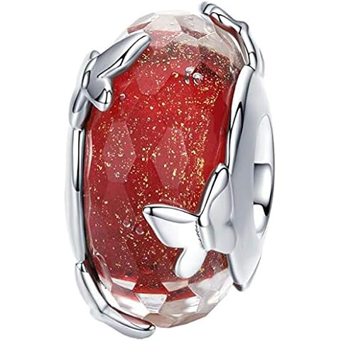 Murano Glass Bead Sterling Silver Core Charms For Pandora Charm Bracelets (Red Butterfly Charm) Cover