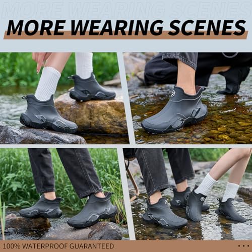 Image of Men's Ankle Rain Boots - Slip On Waterproof Garden Shoes - Comfortable Lightweight Black Rubber Fishing shoes