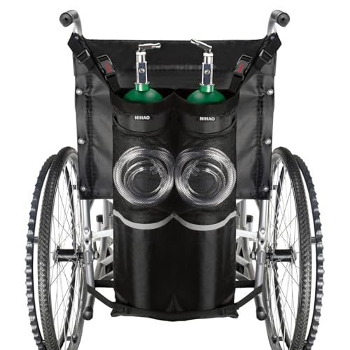 NIHAO Dual Oxygen Tank Holder for Wheelchiars Oxygen Cylinder Bag with Adjustable Zippers and Mesh Storage Pockets Portable Wheelchair Attachment for Oxygen Fits Most Oxygen Cylinders Black