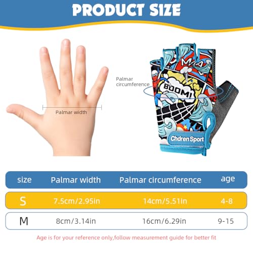Image of Proberos Surfing Boy Kids Bike Gloves Size S for 4-8 Years Old, Anti-Slip Breathable Fingerless Cartoon Print Riding Sport Gloves for Children's Bicycle