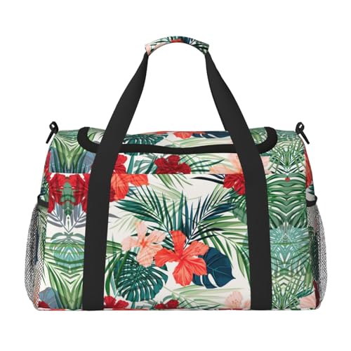 Bolsa de viaje grande con estampado de hibisco y hojas, maleta de mano plegable e impermeable