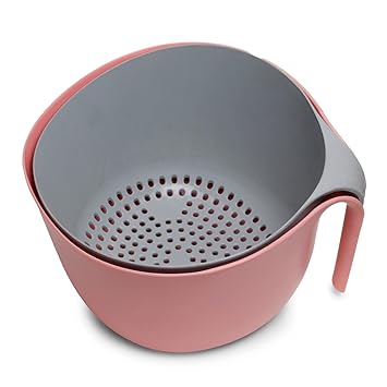 Gluman Mixing Bowl and Colander Set for Straining & Blending Food | Anti-Skid Bottom Pegs | Space-Saving Design | 100% Food Grade | Dishwasher Safe | Freezer Safe | Reusable (Pink) (Plastic)