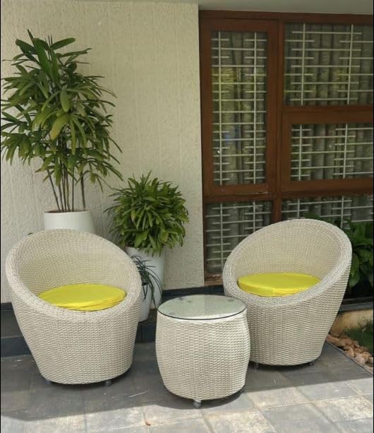 Image of PRATHAM India 2+1 Apple Patio Chair & Table Set with Cushion for Indoor Outdoor Seating Garden Balcony Patio Porch Lawn Living Room Tea & Coffee Furniture Set (Cream with Black line & Yellow Cushion)