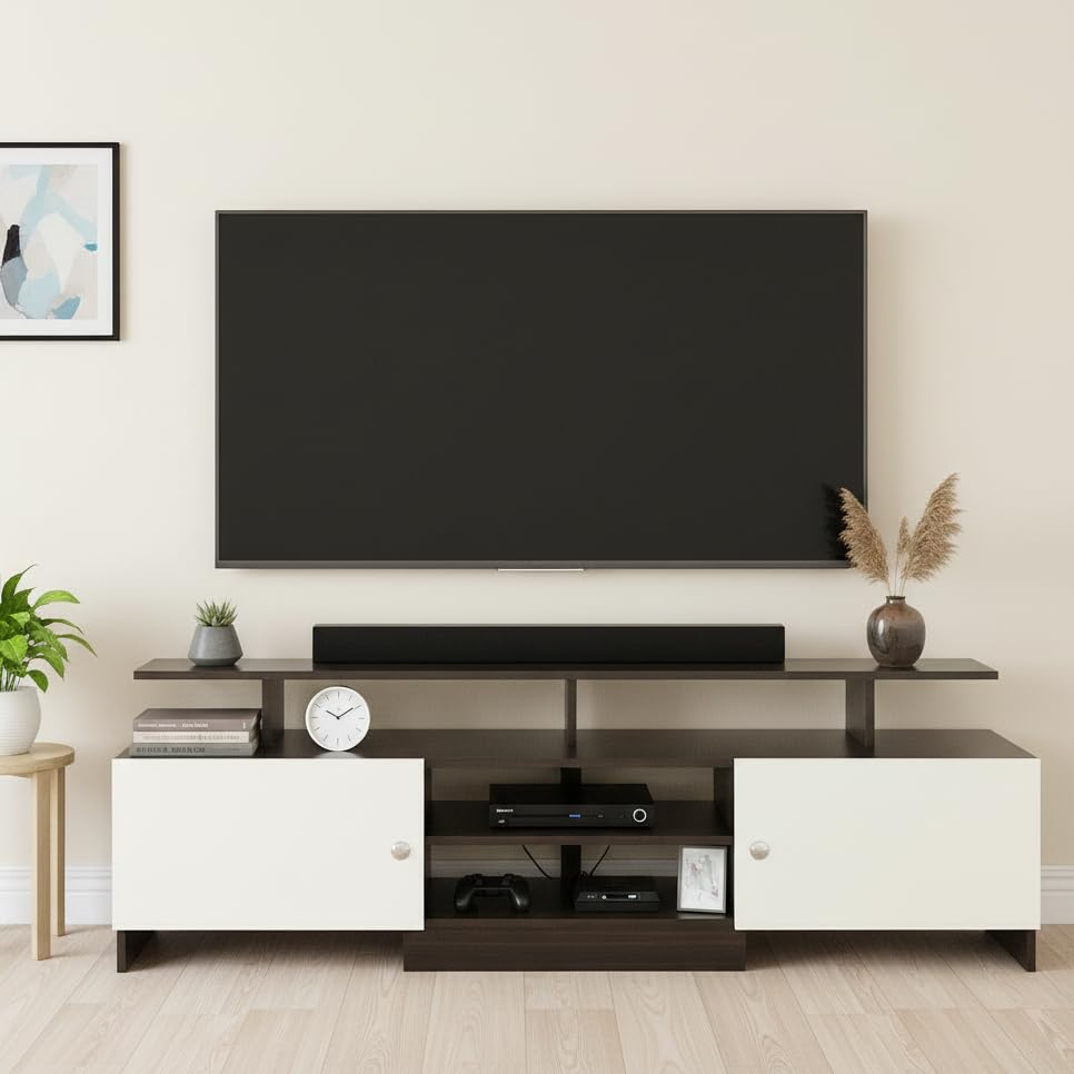 Image of FURNEASER KSV Modern TV Unit for Living Room | Engineered Wood TV Cabinet with Storage Shelves | Entertainment Center TV Stand for Home (Fits Up to 65 Inch TV) | DIY Space Saving (Wenge & White)