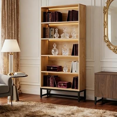 LOVEZOE 5 Tier Bookshelf with LED Lights, Tall Bookcase for Home Office Living Room, Particle Board and Metal Frame, Closed Back, 31.5” W x 11.81” D x 70.87” H