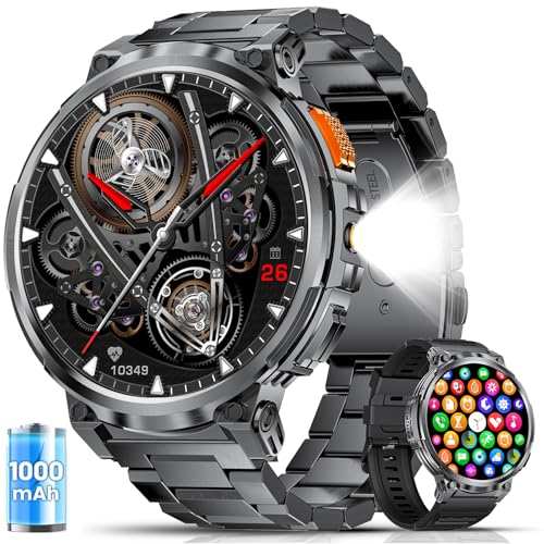 ESFOE Reloj Inteligente Hombre Militar con 1000mAh/LED Linterna,1.85” Grandes Smartwatch Hombre con Llamadas,5 ATM Impermeable/130+ Modos Deportivos/Pulsómetro/Sueño,Pulsera Actividad para Android iOS