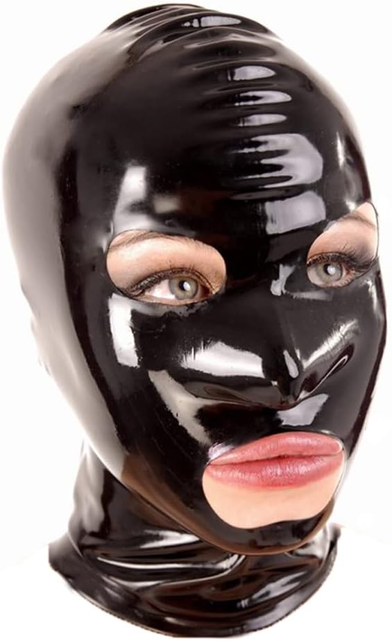 LEIMI Latex Hood mask for Women sm Mask Full Face Big Mouth with Red Detachable Blindfold Zipper Latex Mask Fetish