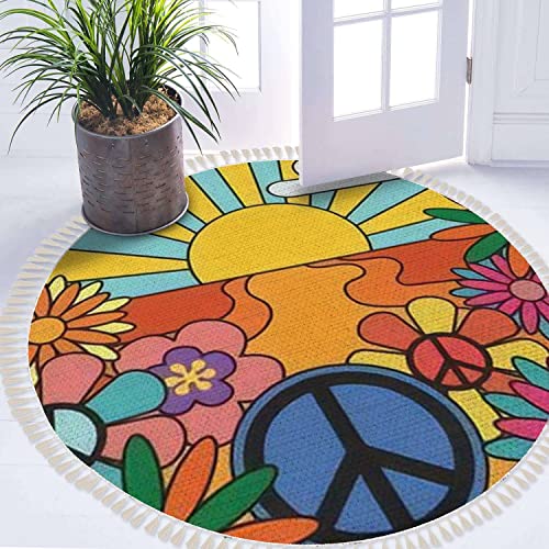 Ouvnwlre Round Fringe Shag Rugs 70S Groovy Retro Sunshine And Flowers Print With Sign Vintage Hippie Boho Circle Throw Area Rug Kids Girl Room Decor Carpet Tassels For Powder Nursery Playroom, 4' #TOP2