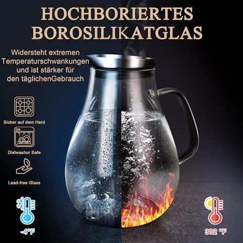 SUSTEAS 2.0 Litre Glass Jug with Lid, Water Carafe Jug for Hot/Cold Water, Iced Tea and Juice Drink, 1 Long-Handled Brush Included - Image 3