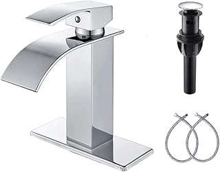 YBlucklly Waterfall Spout Single Handle Bathroom Faucet Chrome Modern Single Hole Bathroom Sink Faucet Rv Lavatory Faucet Basin Washbasin Faucet with Deck Pop Up Drain with Overflow(One or 3 Hole)
