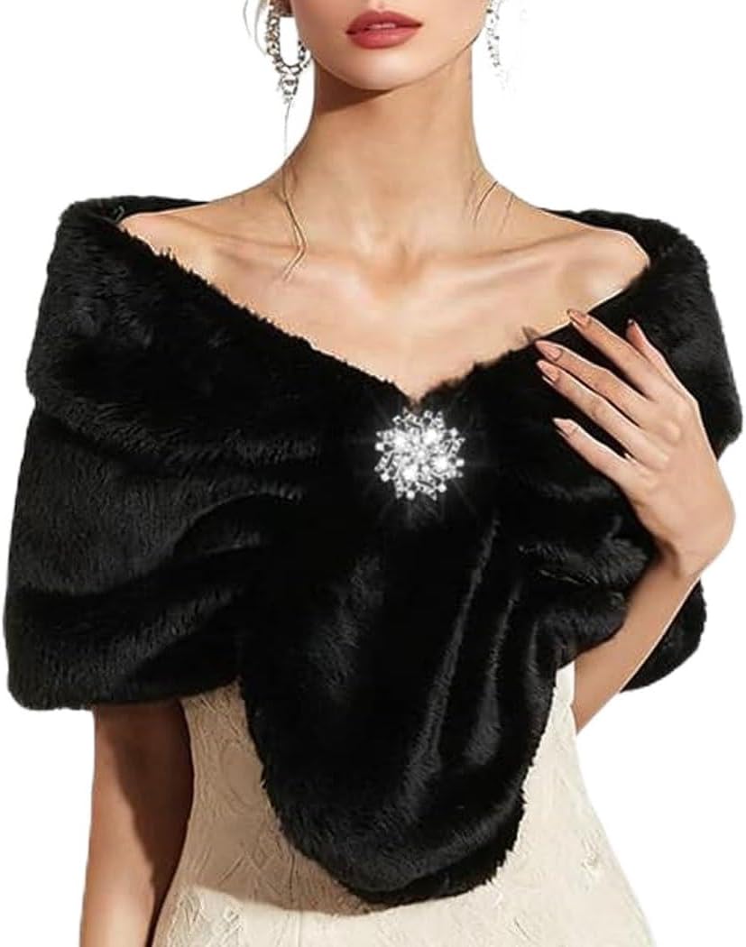 Women's Faux Fur Shawl Bridal Stole Wedding Wrap Cape Fur Scarf for Bride and Bridesmaids