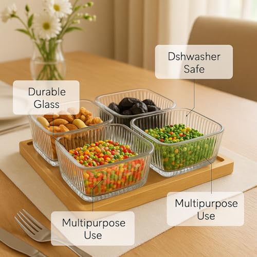 Image of 250ml Glass Serving Bowl Set of 4 with Bamboo Tray | Snack, Dry Fruit, Mukhwas & Candy Bowls for Dining Table | Transparent Glass Katori Set