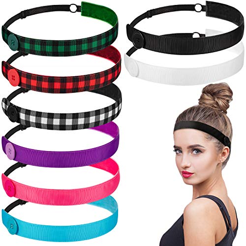 8 Pieces Button Headbands Set Non Slip Hair Bands Adjustable Elastic Head Bands Hair Accessories for Women Girls Teen (Plaid and Pure Pattern)