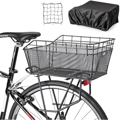 Rear Bike Basket - Large Bicycle Rear Basket with Cargo Net and Waterproof Cover, Wire Bike Baskets Rear Large Capacity Cover