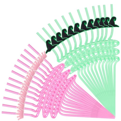 Lyreh 24uds Pajitas para Beber, Pajitas Formas Sombrero y Corona Mago Reutilizables de Plástico Rosa y Verde Accesorios Recuerdo para Fiesta de Cumpleaños Bruja