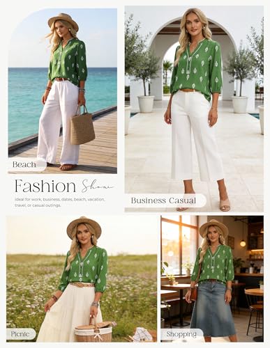 GRACE KARIN Boho Tops for Women Summer, Dressy Casual Floral Blouses, V Neck Button Up 3/4 Sleeve Shirts for Vacation Dark Green L — view 4