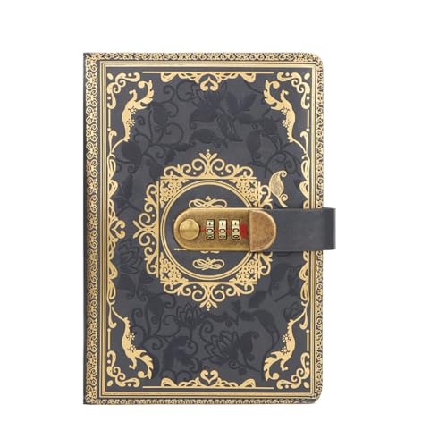 FEIHS 1 peça diária com cadeado, PU Leather Journal, caderno de couro vintage com fechadura de combinação, caderno de viagem, A5, 200 páginas, diário com senha, para mulheres e homens (cinzento)