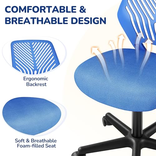 Image of Yaheetech Small Desk Chair, Armless Adjustable Swivel Seat, Blue | Padded mesh seat and ventilated resin back, compact armless frame rolls and adjusts for study and small desks, holds 300 lb.