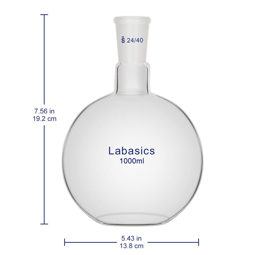 Labasics Verre 1000ml Ballon à Fond Plat avec col Unique, Single Neck Flat Bottom Boiling Flask Ballon D'ébullition avec Joint Extérieur Standard 24/40 (1000ml)