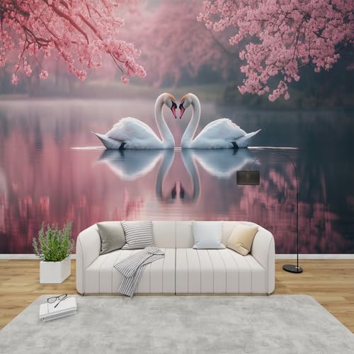 MMYAOKEN Papier Peint Panoramique Cygne 350x256 cm - Décoration Murale Romantique Fleurs Rose - Tapisserie Murales Papier Peint Intissé pour Chambre Salon -...