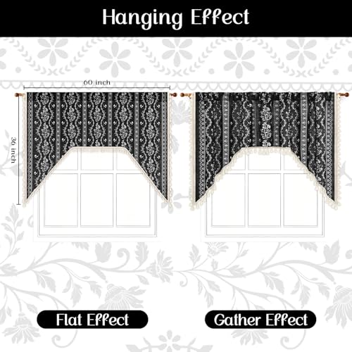 Image of Yinhua Boho Swag Valance Curtains Vintage Linen Valances for Windows Light Filtering Floral Kitchen Valance Rod Pocket Rustic Tassel Window Valances for Bathroom Cafe, 60 inch W x 36 inch L, Black