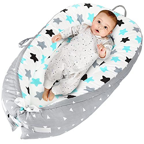 Image of MXLOVERO Baby Lounger Cover, Baby Nest Co Sleeping 100% Cotton Breathable Cover Infant Sleeper Bed for Newborn Lounger Nest Bed Machine Washable, Adjustable Size (Blue Star)