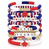 Go Ho 8 Pack 250 Anniversary USA Merchandise Bracelets:Patriotic Red White and Blue Stackable Bracelets Set with USA,250 YEARS,Star&Smile Charms,4th of July Shirts Outfits Accessories for Women Kids