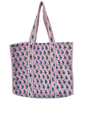 Image of Quilted Cotton Handprinted Reversible Large multicolor Floral Tote Bag,Hand Block Print Shopping Shoulder Carry Bag