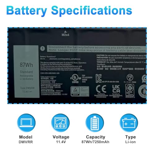 Image of DWVRR 87Wh Laptop Battery Replacement for Dell Alienware x17 R1 R2 Alienware x15 R1 R2 Inspiron 16 7620 2-in-1 Series Notebook 0017GN 0NR6MH 817GN Battery 7250mAh 6-Cell