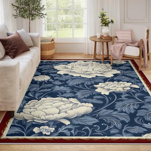 Tapis de luxe en pivoines bleu foncé style asiatique raffiné 200x300