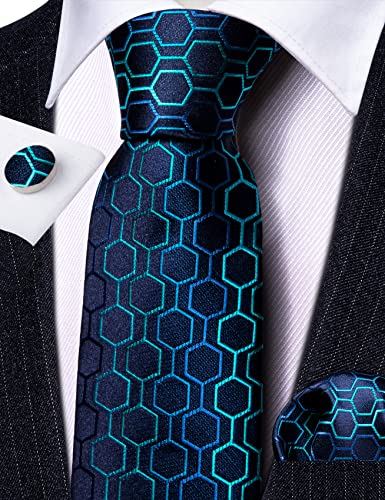 Image of Barry.Wang Classic Mens Ties Silk Necktie Pocket Square Cufflinks Set Woven Designer Wedding Business