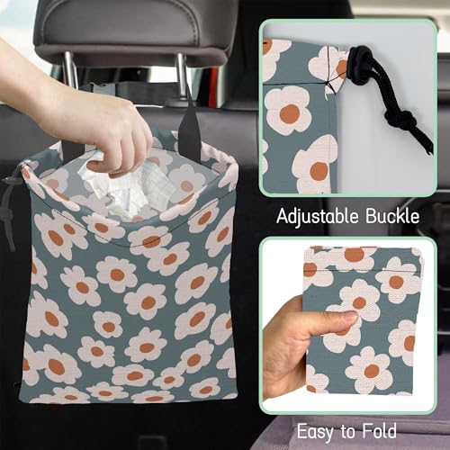 Image of Groovy Flowers Car Garbage Bag,Daisy Waterproof Small Car Trash Bag Hanging Back of Seat,Drawstring Hanging Car Trash Bag with Adjustable Buckle for Car Accessories