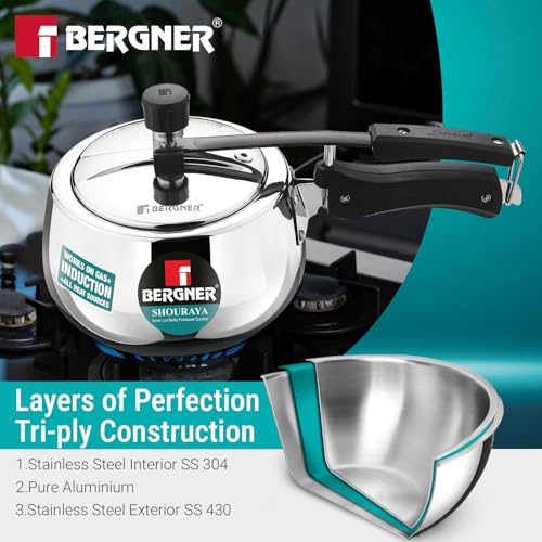 Image of Bergner Shouraya Triply Stainless Steel 1.5 Litres Inner Lid Pressure Cooker, Belly Shape, Faster and Even Heat Distribution, Healthy Cooking, ISI-Certified - Induction and Gas Stove Ready