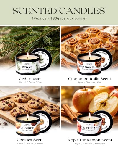 Image of AOOVOO Winter Candles Set- 4 Pack Scented Candles for Home Decor | 26oz 200 Hours Long Lasting Candle, Cinnamon Rolls, Cookies, Cedar, Apple Cinnamon Candle Gift, Non Toxic Soy Wax