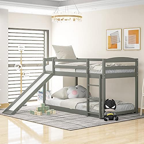 GLORHOME Twin-Over-Twin Low Bunk Bed with Slide Ladder & Guardrail for Kids, Teens, Space-Saving, No Box Spring Needed, Grey
