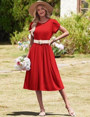 Image of HOTOUCH Women's Summer A-Line Midi Dresses 2026 Casual Floral Short Sleeve T-Shirt Dress Flowy Beach Sundress with Pockets