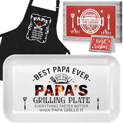 LEJIAJINW Papa Gifts, Grandpa Fathers Day Birthday Gift for Grandfather Dad, Best Great Papa Grandparents Gifts from Grandkids, Funny Father's Day Men BBQ Grilling Serving Platter with Apron Sets