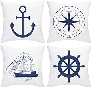 Alishomtll Nautical Sailing Throw Pillow Cover Anchor Navigation Compass Sailboat Pillowcase Set of 4 Decorative Cushion Cover for Home Sofa (Blue White, 18 x 18 Inch)