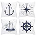 Elloevn Lot de 4 housses de coussin nautiques - Motif ancre marine - Navigation - Boussole - 45 x 45 cm - Style marin - Blanc et bleu