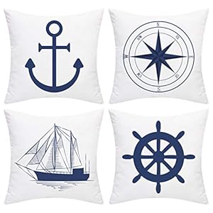 Yugarlibi Blaue Nautische kissenbezüge, 4er Set Deko Kissenhülle Anker Schiff Navigation Kompass Muster, 45x45cm…