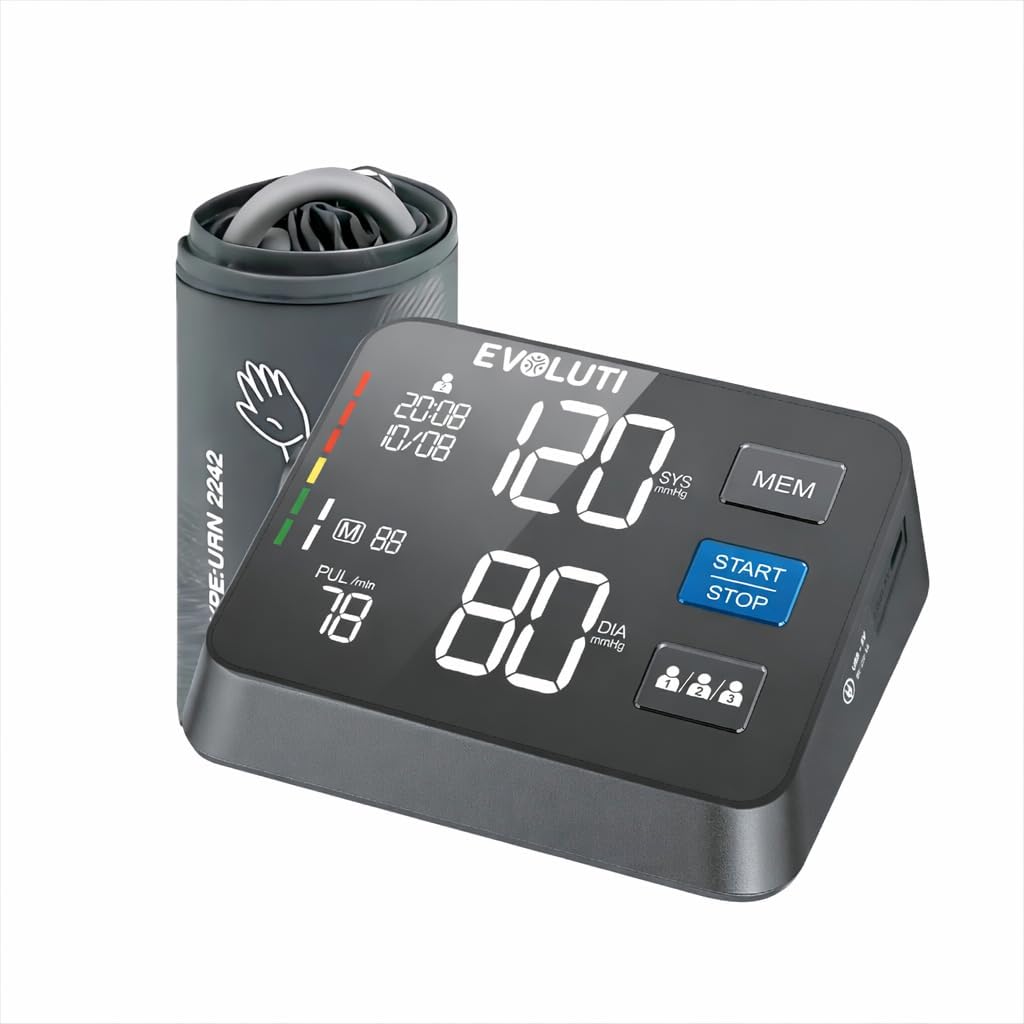 EVOLUTI. Blood Pressure Monitor, EV-BP-86W, LCD Display, Upper Arm Large Adjustable arm Cuff, Automatic Micro air Pump and Electronic Control Valve, 3 x 199 Memories, up to 3 Users.