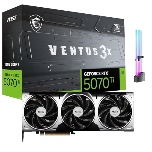 msi GeForce RTX 5070 Ti Ventus 3X OC Graphics Card, 16GB GDDR7, 1406 AI Tops, DLSS 4, AI Content Creation, LLM Inference, PCIe 5.0, 256-bit, 28 Gbps, DP 2.1b x3, HDMI 2.1b, with GPU Holder