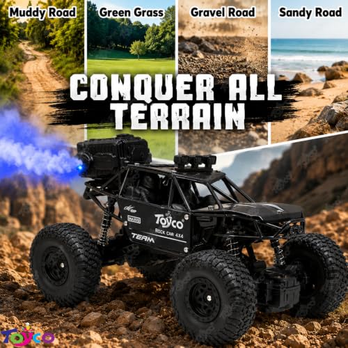 Image of toyco Rechargeable Remote Control Car Toy - Alloy Rock Crawler with LED Smoke Effect and Anti-Slip Tyres| 1:18 Scale | Off-Road RC 2WD Monster Truck Gift for Kids Boys and Girls Age 4-12+ (Black)