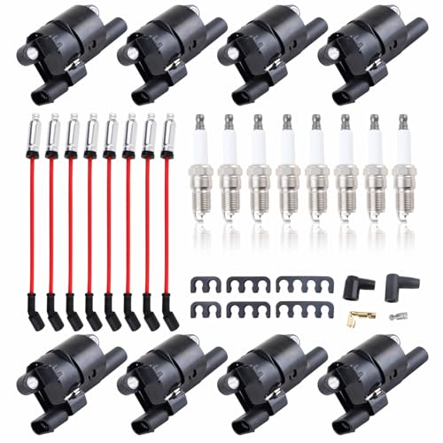 8PCS UF414 Round Ignition Coils Pack & Iridium Spark Plugs & Spark Plug Wires Set Compatible with Chevrolet Corvette Avalanche Silverado 1500 2500 3500 GMC Savana (UF414 black+748UU+41-962)