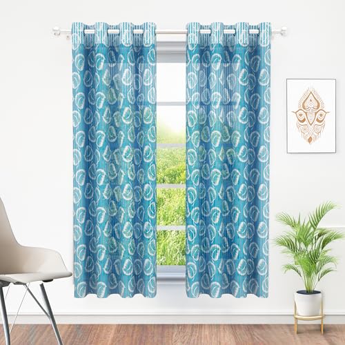 Image of Window Curtains 5 Feet Set of 10 | Leaf Design Transparent Sheer Curtain | Blue Polyester Window Curtain | Curtains for Living Room | 118 x 152 cm | Perfect for Home Decor