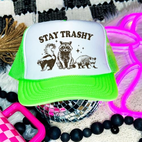 Image of Stay Trashy Funny Raccoon Graphic Classic 5 Panel Mesh Snap Back Trucker Hat