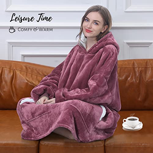 Kipswiza Oversized Wearable Blanket Sherpa Fleece Thick Warm Big Hooded Sweatshirt Blanket Hoodie Gifts for Adult Women Mom Daughter Teenagers Men - Dark Pink — view 4