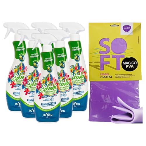 Detergente Multiuso Spray, Il Profumatore Igienizzante Superconcentrato, FRESCHEZZA DI MONTAGNA. Deterge a Fondo, Rimuove Germi e Batteri, 48h Di Pulito Profumato 750ml (6 Spray) + Panno In Lattice