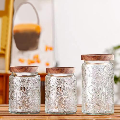 Image of Vintage Glass Jars with Wooden Lids, 24 oz Airtight Glass Food Storage Containers Sets for the Kitchen, Sugar Coffee Tea Cookie Candy Spice Pasta(Sunflower)